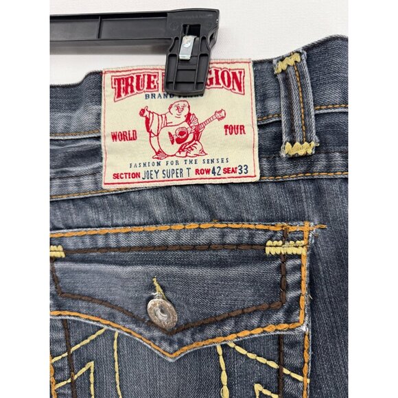 True Religion Joey Super T Jeans Mens 42x33 Denim Pants Thick Stitch Straight - Picture 4 of 9